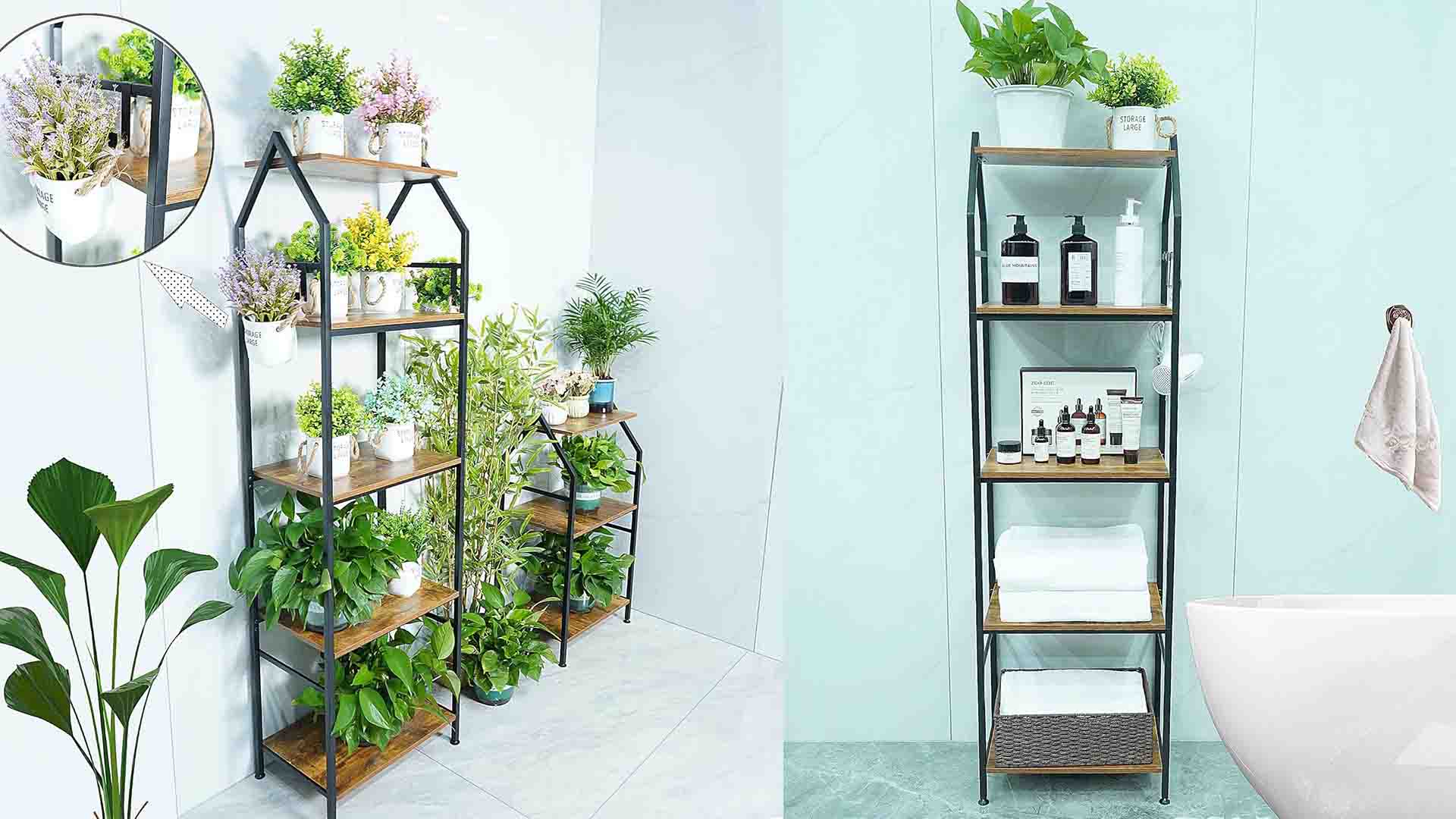 Estante de livros de 5 camadas e plantas 1 Estante de livros de 5 camadas e plantas