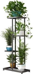 LINZINAR Suporte para plantas de metal 4 níveis 5 vaso de vaso de flores múltipla prateleira interior exterior plantador display estante para pátio jardim canto varanda sala de estar (4 camadas 5 vasos, cinza escuro)