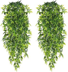 Kit 2 Pendentes Folha De Bambu Planta Artificial Decoração