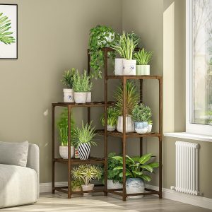 Bamworld Suporte de plantas prateleira de plantas de canto externo mesa de madeira para plantas 7 vasos suportes de flores para sala de estar rack de plantas interior várias plantas para pátio,