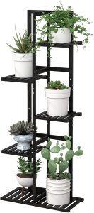 Laiensia Estante de bambu com 5 níveis para plantas com 6 vasos de flores, prateleiras de exibição para vasos internos e externos para pátio, jardim, sala de estar, varanda de canto e quarto, preto