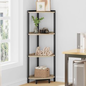 Hzuaneri Suporte de prateleira de canto, estante de canto, prateleira de armazenamento com moldura de metal, suporte de plantas, estante de canto para sala de estar, escritório em casa, quarto, cinza