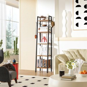 YMYNY Estante de escada de 5 camadas, estante industrial estreita, prateleira de exibição aberta com 4 ganchos S, prateleiras de armazenamento de metal para quarto, escritório em casa, sala de estar,