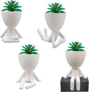 Kit 4 Vasos bob cachepot + 4 Plantas Artificiais - Decoração Rack Estante (Branco)