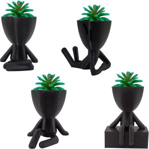 Kit 4 Vasos bob cachepot + 4 Plantas Artificiais - Decoração Rack Estante (Preto)
