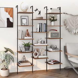 Tohomeor Estante industrial montada na parede 5 camadas prateleira de madeira e metal prateleira aberta de armazenamento para sala de estar quarto escritório doméstico (marrom rústico, grande)