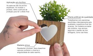 Kit 2 Vasinhos Decorativos de Madeira com Plantas Artificiais Inclusas Decoração Pet - Patinha de Cachorro e Coração (Prata)
