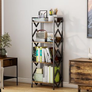 Estante de Livros de 4 Camadas Adequada para Espaços Pequenos, Estante de Livros Pequena de Metal, Prateleiras de Armazenamento e Armários em Escritórios, Salas de Estar e Quartos, Mesa, Preto