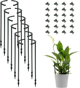 Pacote com 12 estacas de suporte de plantas com 24 clipes, meio anel redondo suporte de gaiola de plástico treliça de escalada para vasos de flores para pequenos vegetais, plantas de interior