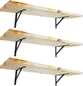 KIT 3 Prateleira Madeira Nicho Estante Painel Pinus 60×20 + Mão Francesa Aço (Preto)