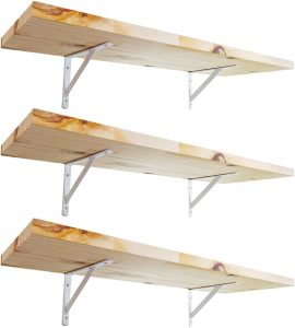 KIT 3 Prateleira Madeira Nicho Estante Painel Pinus 60×20 + Mão Francesa Aço (Branco)