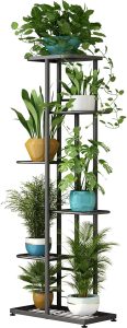 LINZINAR Suporte para plantas de metal 6 Tier 7 Vaso múltipla de vaso de flores Prateleira para ambientes internos e externos Unidade de exibição de plantador para pátio canto do jardim, varanda sala de estar (6 níveis 7 em vaso, cinza escuro)