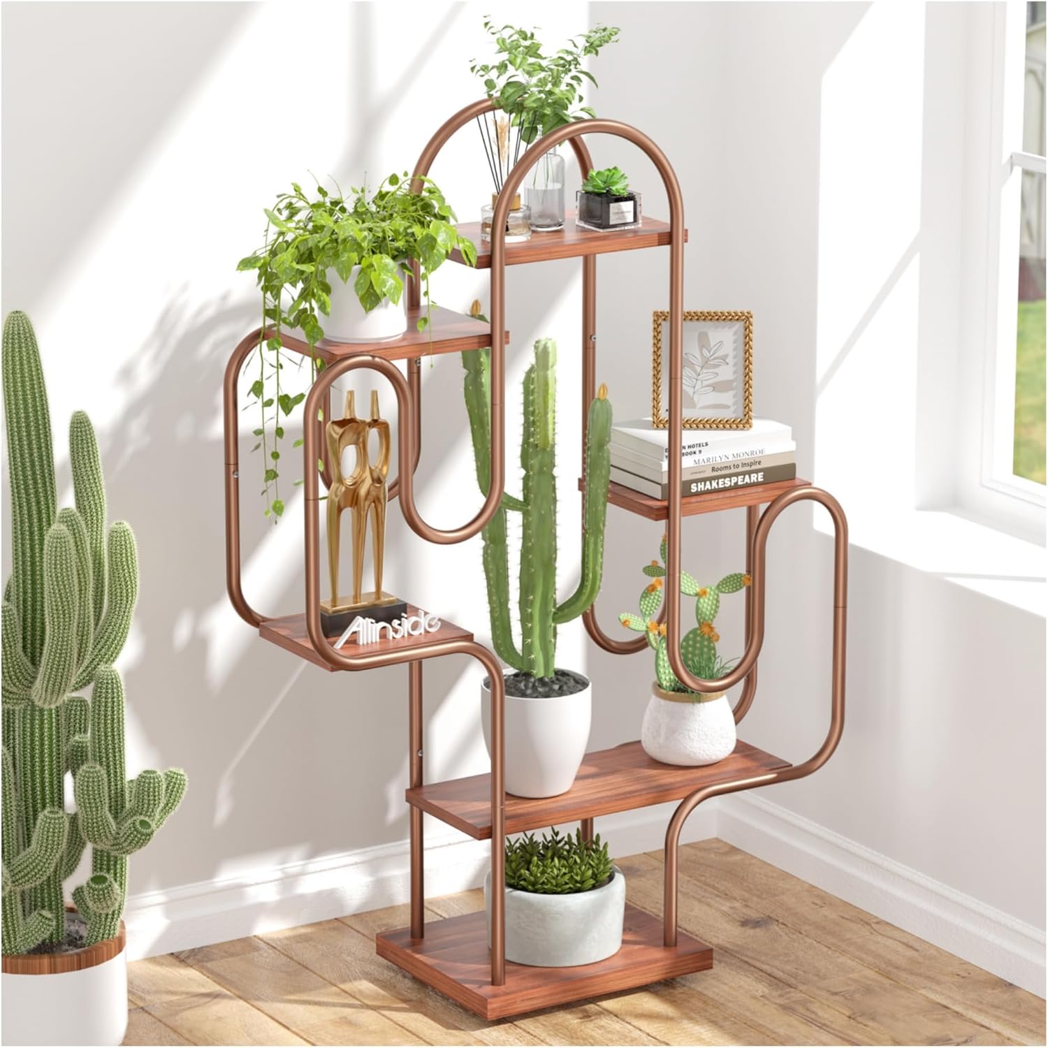 Allinside Suporte de planta de canto de cacto, estante multiuso de 6 camadas, prateleira de canto de metal resistente, suporte de exibição alto criativo, estante rústica para sala de estar, quarto, 1 Allinside Suporte de planta de canto de cacto estante multiuso