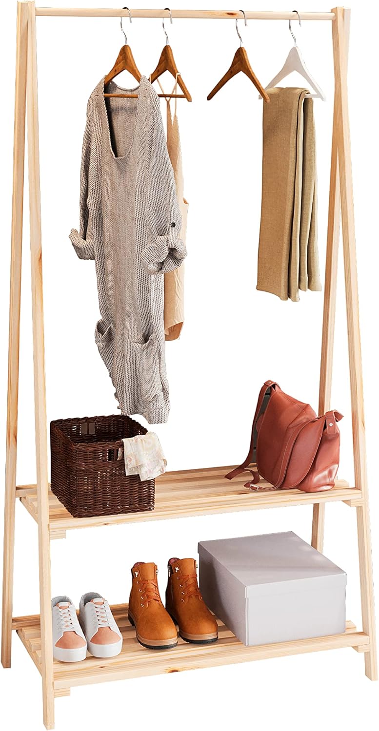 Arara Expositor para Roupas com Prateleiras e Cabideiro em Madeira 1 Arara Expositor para Roupas com Prateleiras e Cabideiro em Madeira