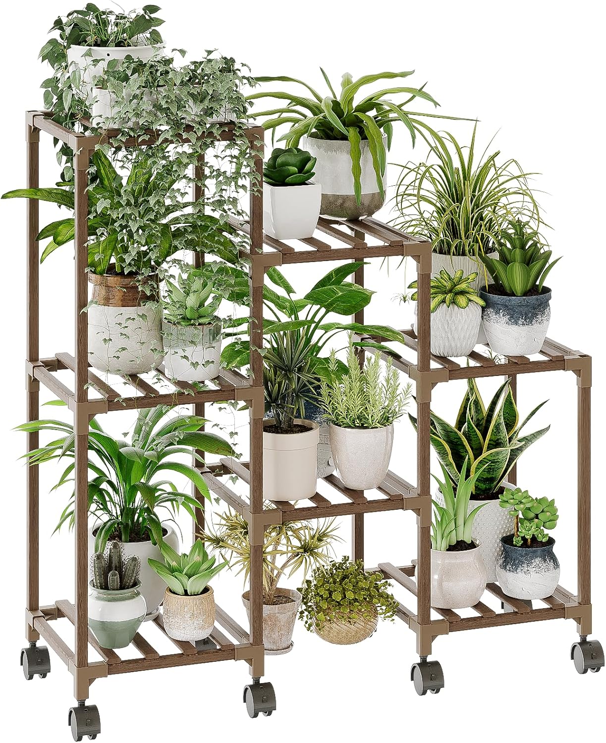 Bamworld Suporte de plantas com rodas para plantas de interior prateleira de madeira ao ar livre em camadas 3 pneus 7 vasos de escada suporte de plantas suporte de mesa para janela jardim varanda pátio sala de estar (natureDL) 1 Bamworld Suporte de plantas com rodas para plantas de interior