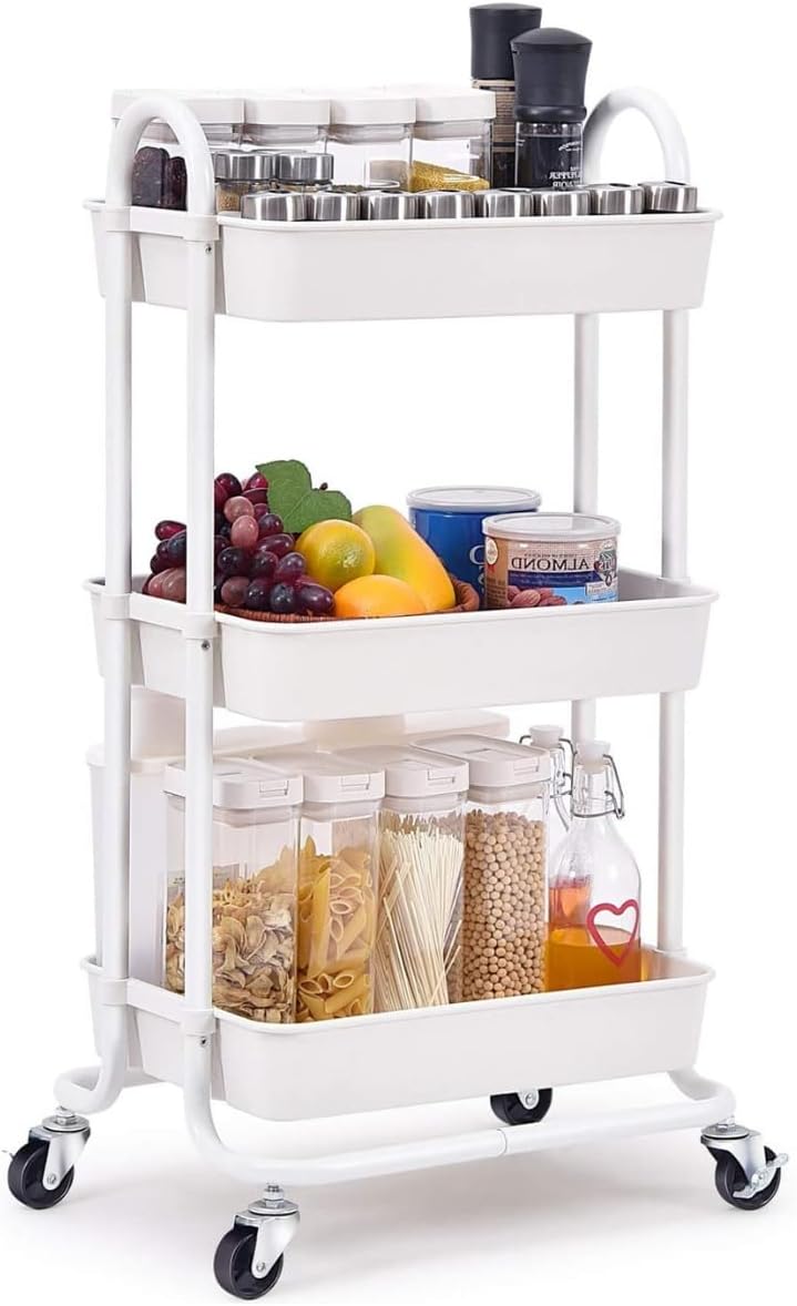 Carrinho Organizador Multiuso Todo em Aço com Rodinhas e Travas antimovimento com 3 e 4 prateleiras cor preto branco rosa verde etc fruteira rodizio (Branco, 3 Andares) 1 Carrinho Organizador Multiuso Todo em Aco com Rodinhas e Travas