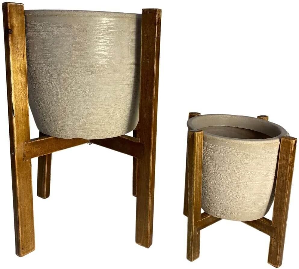 Conjunto de Vaso de Planta com Suporte de Madeira Decorativo (Conjunto, Bege) 1 Conjunto de Vaso de Planta com Suporte de Madeira Decorativo