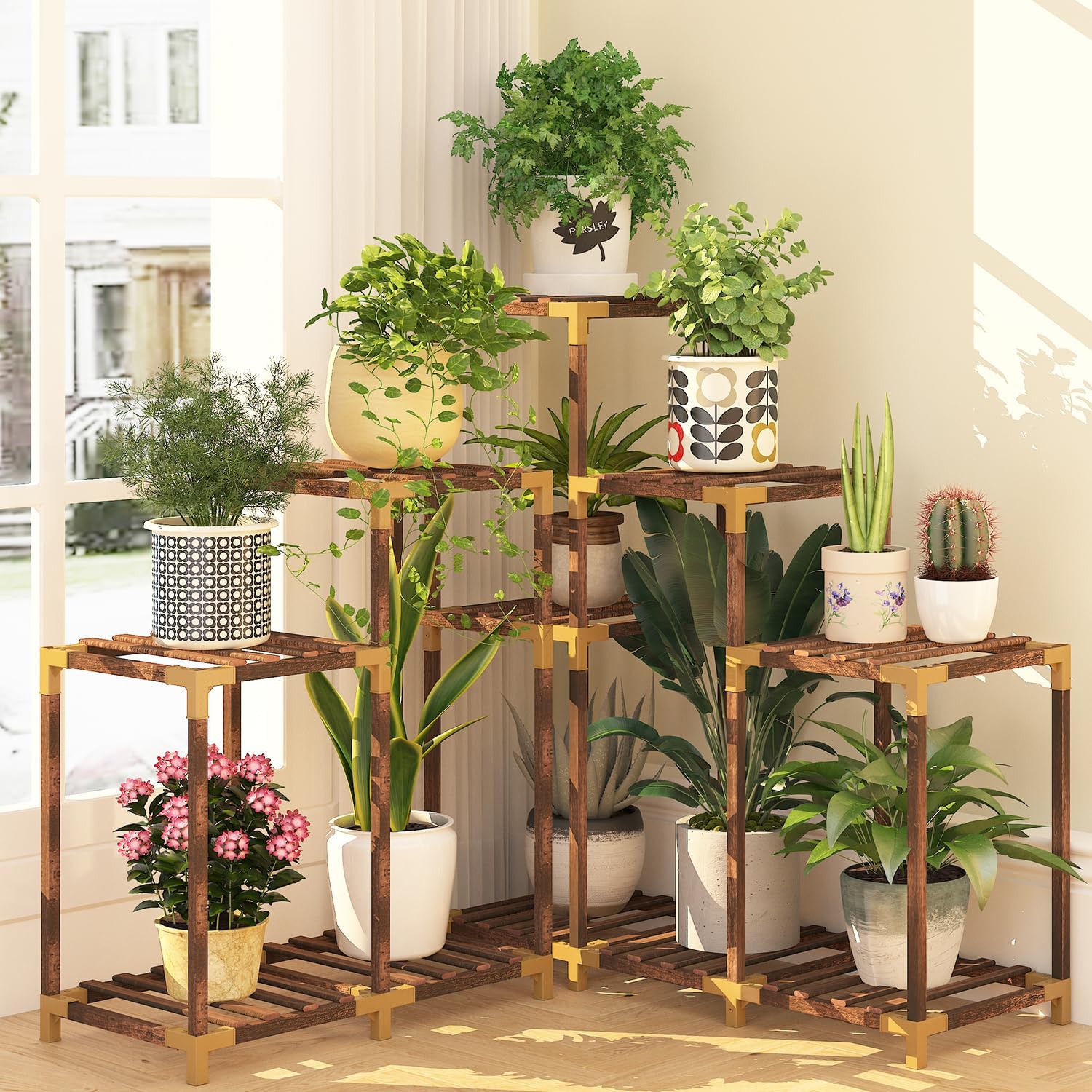 HOMKIRT Suporte para plantas para ambientes internos e externos, prateleira de madeira com 12 cantos para várias plantas, suporte grande para escada de plantas para sala de estar, pátio, varanda 1 HOMKIRT Suporte para plantas para ambientes internos e externos prateleira