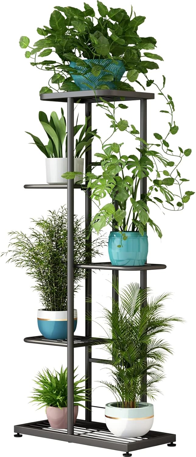 LINZINAR Suporte para plantas, interior, exterior, metal, 5 níveis 6, vários vasos, suporte para vasos de flores, prateleira, estante para pátio, jardim, canto, varanda, sala de estar (5 camadas 6 em 1 LINZINAR Suporte para plantas interior exterior metal 5 niveis 6