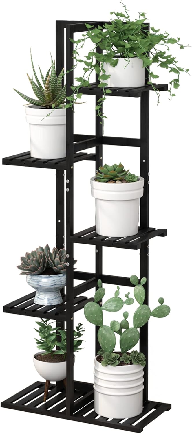 Laiensia Estante de bambu com 5 níveis para plantas com 6 vasos de flores, prateleiras de exibição para vasos internos e externos para pátio, jardim, sala de estar, varanda de canto e quarto, preto 1 Laiensia Estante de bambu com 5 niveis para plantas com