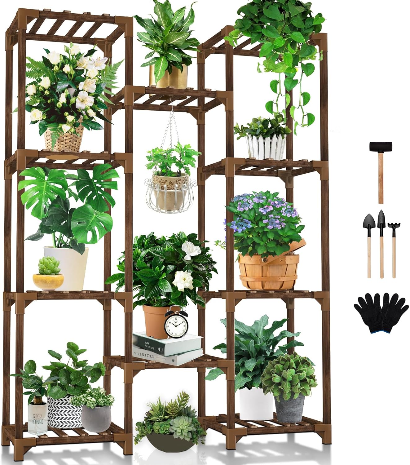 Suporte de plantas para ambientes internos e externos, prateleira alta para plantas Uneedem, para várias plantas, 10 camadas, 11 vasos, suporte grande para plantas, prateleiras de plantas de madeira, para quarto, canto e varanda, jardim e pátio 1 Suporte de plantas para ambientes internos e externos prateleira alta