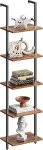 SUPERJARE Estante de livros de 5 camadas, prateleira estreita com prateleiras abertas, pequena estante com moldura de metal para quarto, sala de estar, marrom rústico