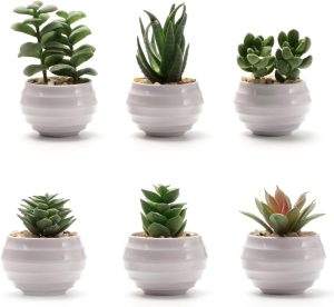 Leuik 6 pacotes de plantas falsas suculentas, plantas artificiais pequenas para ambientes internos, decoração de estante verde, plantas falsas para decoração de casa, vaso branco falso para decoração