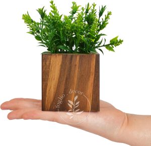 Kit 3 Vasinhos Decorativos de Madeira com Plantas Artificiais Inclusas - Folhinhas Verdes