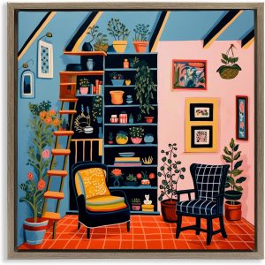 Stupell Industries Cena de estante e plantas emolduradas tela flutuante design de arte de parede por Lazar Studio, moldura flutuante marrom, 63 x 63 cm
