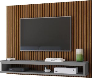 Estante Painel Parede Tv 40 42 43 47 48 50 Polegadas Nicho Prateleira Organizadora Quarto Sala Estar - Ripado Freijó/Cinza - RPM