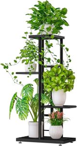 Decdeal Suporte de plantas de 4 n韛eis para ambientes internos e externos, suporte de vaso de flores de ferro com v醨ios n韛eis, prateleira de flores, suporte de plantas de jardim, unidade de prateleira para canto de p醫io (cinza escuro)