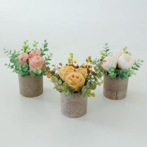 Rosscer Kit de 3 peças de flores artificiais com vaso, combinação de rosas de seda falsas e vegetação, decoração de vasos de plantas pequenas para escritórios, prateleiras, quartos, festas, decorações