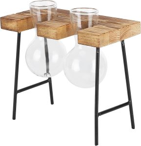 Vaso de planta, boa permeabilidade ao ar, vaso de mesa retrô durável, plantador de vidro com suporte de madeira para escritório(Duas garrafas + banco)