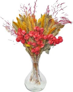 Arranjo De Flores Desidratadas Bounganville Vermelho Com Vaso De Vidro