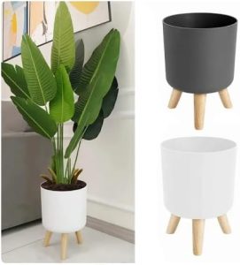Vaso Cachepot de Acrílico Tripé com pés de madeira (Branco)