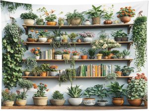 EOBTAIN Tapeçaria de planta verde cacto e vaso floral em estante tapeçarias penduradas botânicas e de leitura tapeçaria decoração de parede para quarto sala de estar 152 x 101 cm
