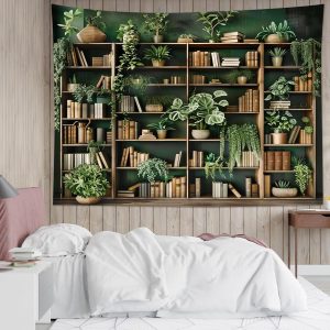 HVEST Tapeçaria de estante de plantas verdes Livro em estante e tapeçaria em vaso de plantas Tapeçaria de parede para leitura de arte de parede para sala de estudo, quarto, sala de estar, faculdade,