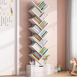 Prateleira de armazenamento em forma de árvore com armário, estante de madeira industrial aberta para livros, CDs, plantas, organizador
