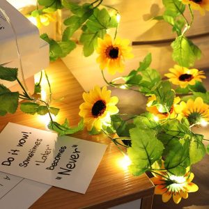 Hidyliu 2 metros de folhas de girassol falsas plantas guirlanda de LED cordão de luz solar artificial verde cordão de luzes quarto luzes de fada, para casa jardim festa parede de casamento (pilhas não incluídas)