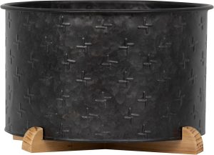 Foreside Home and Garden Vaso de metal galvanizado preto com base de madeira