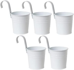 5 peças de vasos de flores pendurados em metal balde de ferro balde de metal com gancho para decoração interna e externa para trilhos, cerca de varanda e jardim (branco)