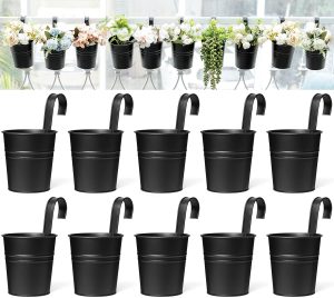 Dahey 10 vasos de flores pendurados, balde de ferro de metal, plantador externo para cerca de corrimão, varanda, jardim, decoração de casa, suportes de flores com ganchos destacáveis, preto, 12 cm