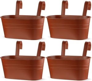 Hicarer 4 vasos de flores de metal pendurados, plantadores pendurados em cerca de 26 cm para plantas ao ar livre, varandas, suporte de plantas de janela com ganchos para decoração de casa e jardim