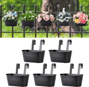 5 vasos de flores pendurados de ferro de 28 cm para plantas ao ar livre, vasos de metal pendurados, cerca de trilhos de ferro, com orifícios de drenagem e ganchos para varanda e varanda (preto)