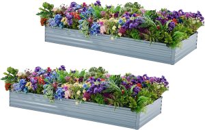 Meberam Pacote com 2, kit de canteiros elevados galvanizados de 1,8 x 3 m, caixa de plantação de jardinagem de metal ao ar livre para vegetais e ervas de flores elevadas, cinza