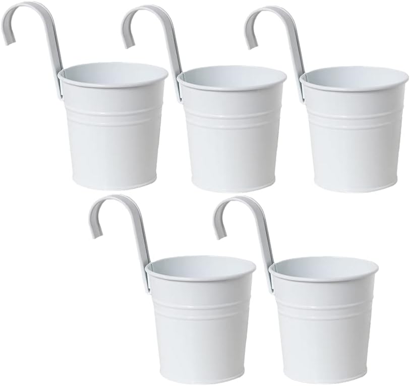 5 peças de vasos de flores pendurados em metal balde de ferro balde de metal com gancho para decoração interna e externa para trilhos, cerca de varanda e jardim (branco) 1 5 pecas de vasos de flores pendurados em metal balde