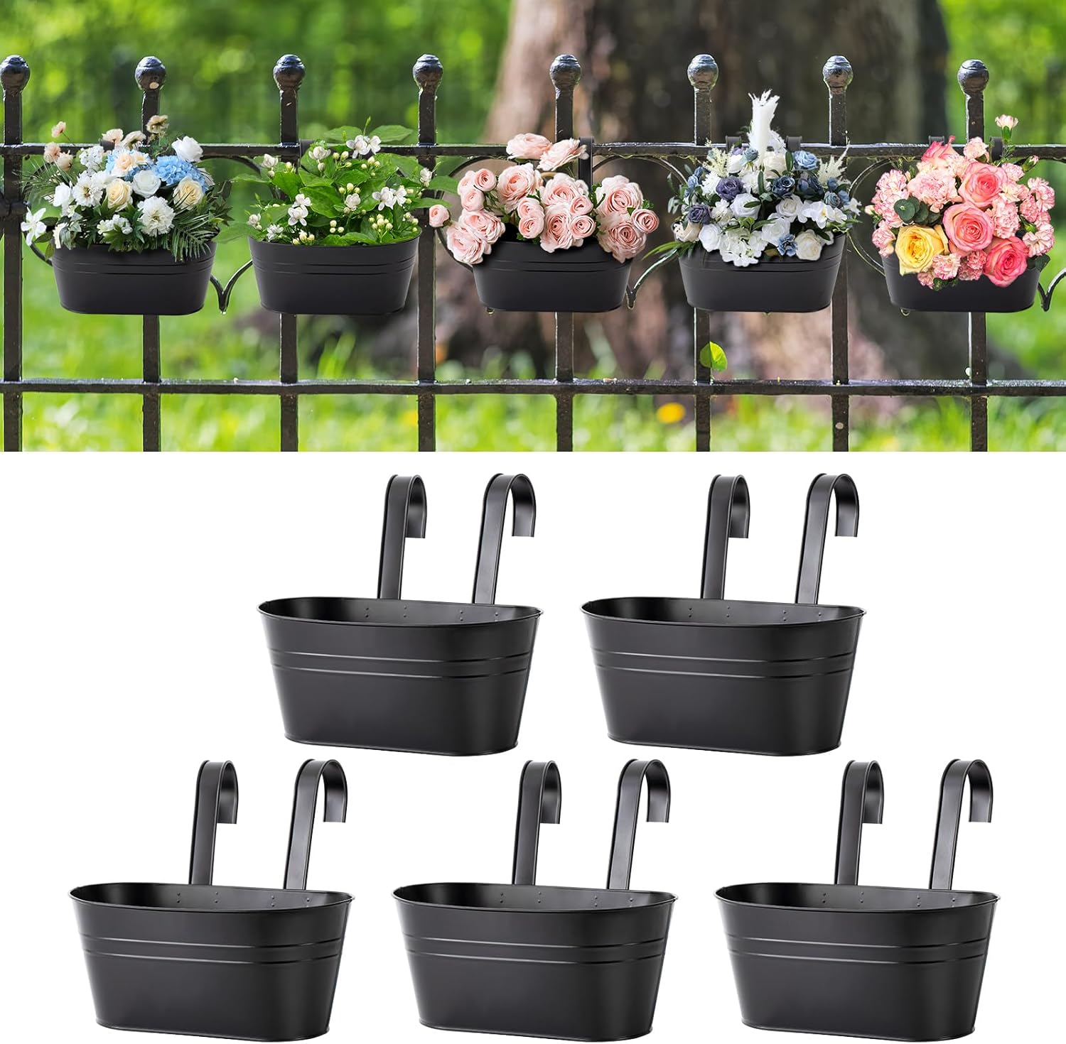5 vasos de flores pendurados de ferro de 28 cm para plantas ao ar livre, vasos de metal pendurados, cerca de trilhos de ferro, com orifícios de drenagem e ganchos para varanda e varanda (preto) 1 5 vasos de flores pendurados de ferro de 28 cm