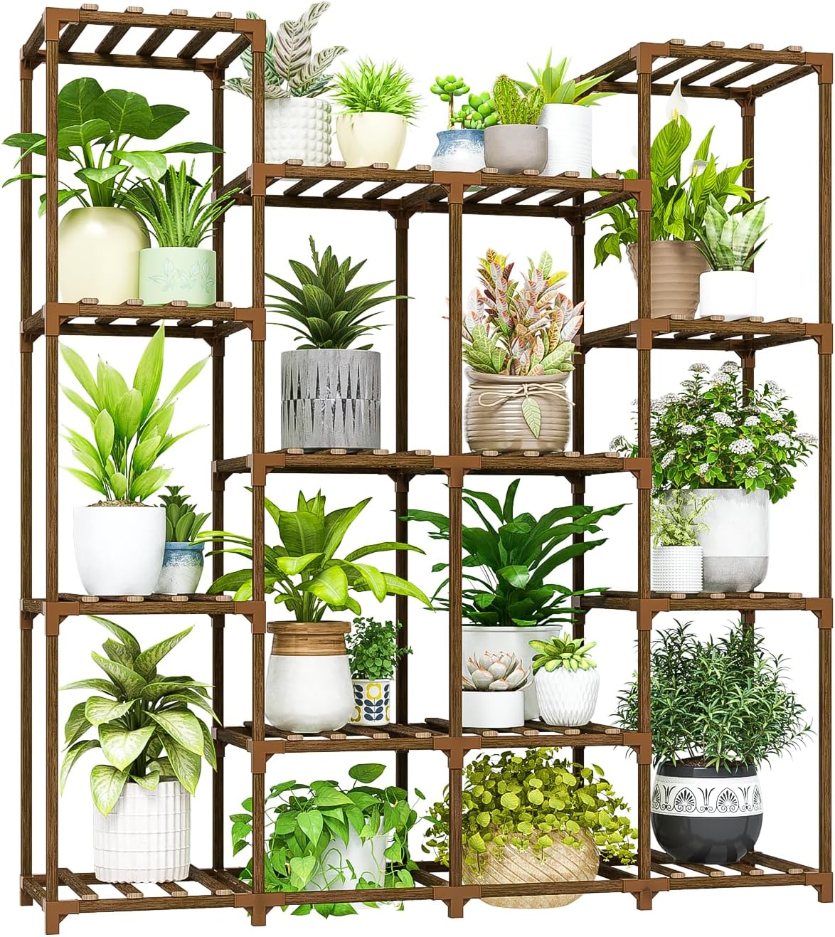 Bamworld Suporte de plantas, prateleira grande para plantas, suportes altos de flores, 14 vasos para ambientes externos, para jardim, varanda, pátio, janela, sala de estar, canto, madeira 1 Bamworld Suporte de plantas prateleira grande para plantas suportes altos