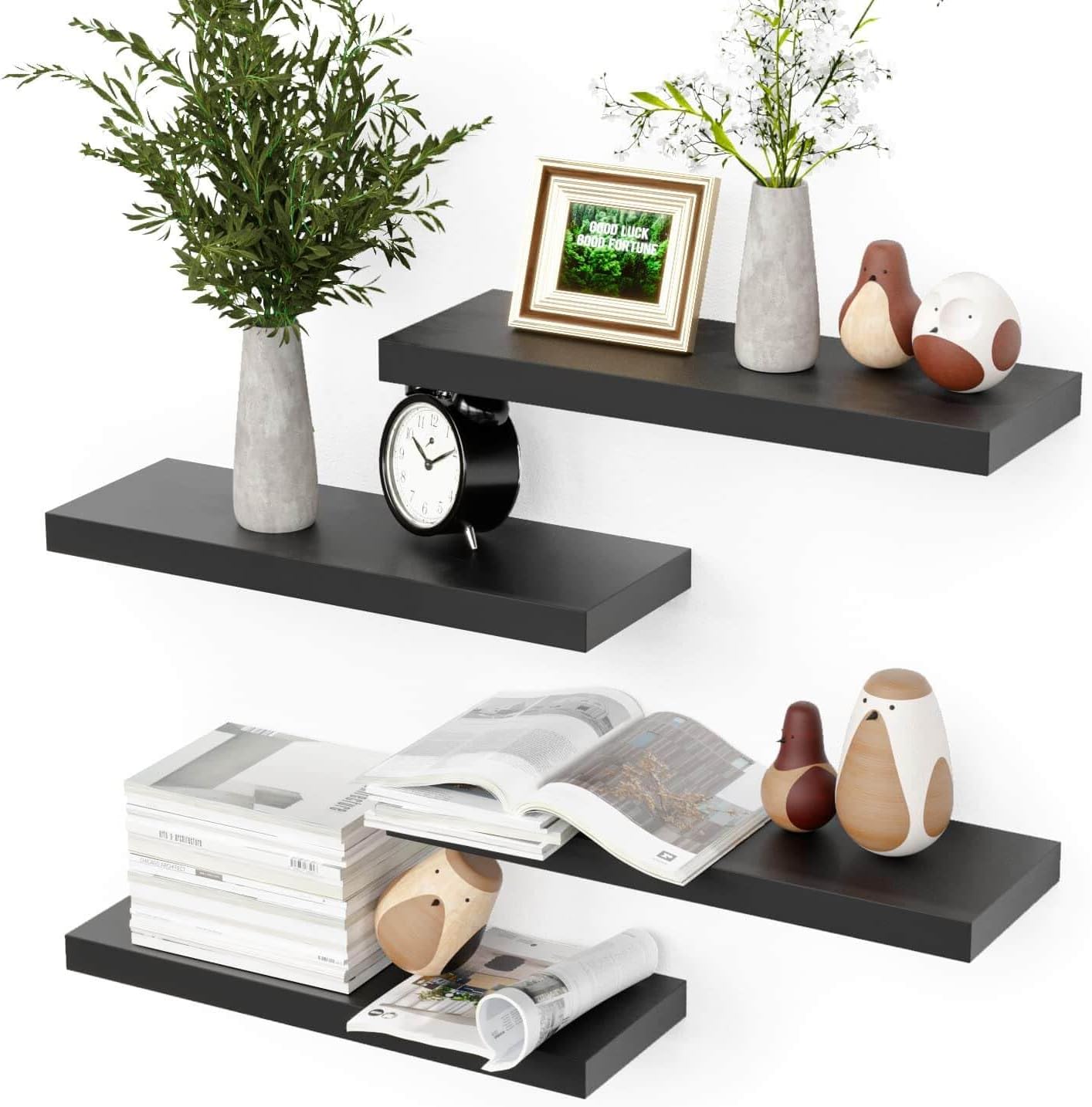 Boswillon Prateleiras flutuantes montadas na parede, 4 conjuntos de prateleiras de parede modernas para quarto com suportes invisíveis, prateleiras de exibição para decoração de parede, prateleira de 1 Boswillon Prateleiras flutuantes montadas na parede 4 conjuntos de prateleiras