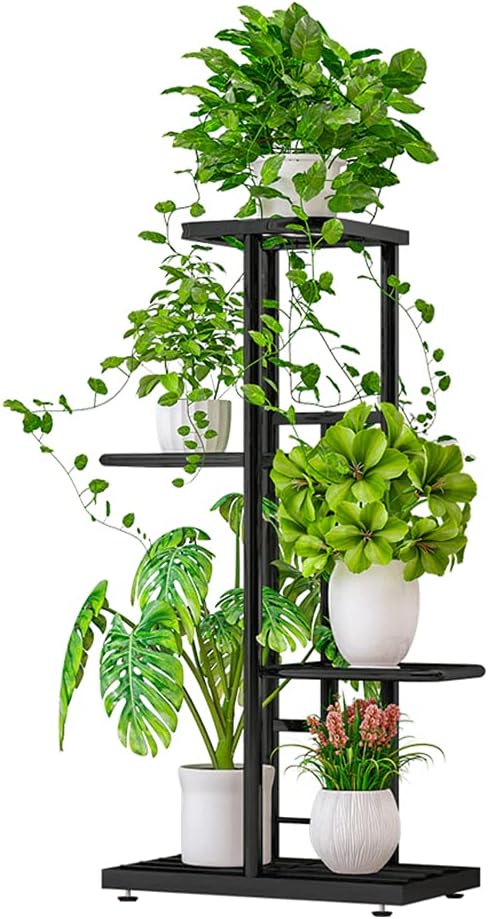 Decdeal Suporte de plantas de 4 n韛eis para ambientes internos e externos, suporte de vaso de flores de ferro com v醨ios n韛eis, prateleira de flores, suporte de plantas de jardim, unidade de prateleira para canto de p醫io (cinza escuro) 1 Decdeal Suporte de plantas de 4 n韛eis para ambientes internos